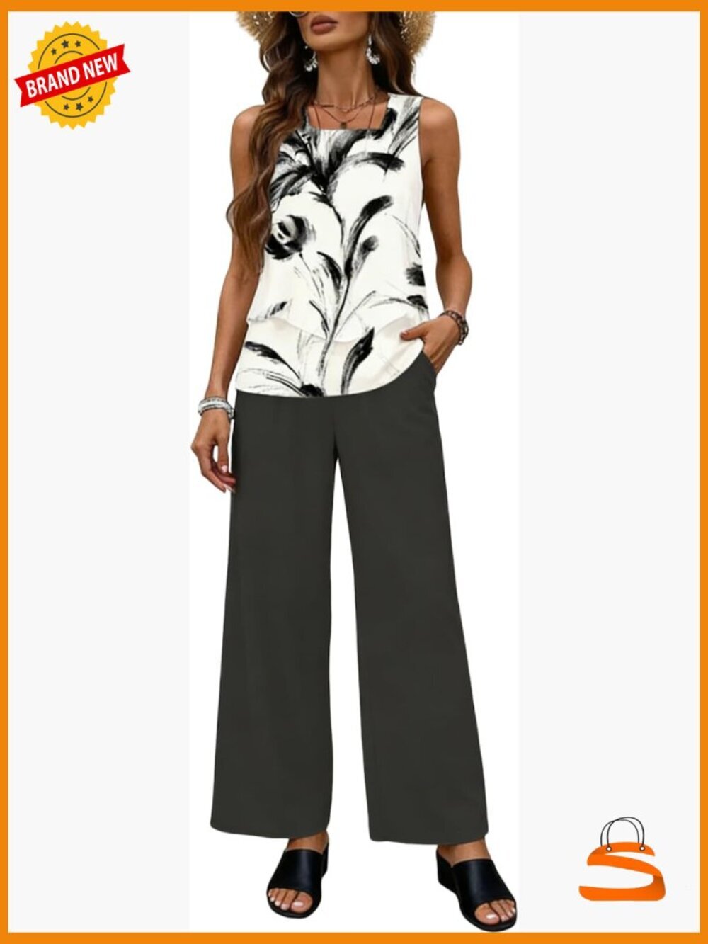 2 Piece Sleeveless Tiered Vest & Wide Leg Long Pants Travel Lounge Set